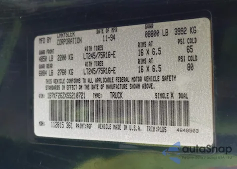 1995 Dodge Ram 2500 z USA, uszkodzony, nr VIN 1B7KF26ZXSS210721